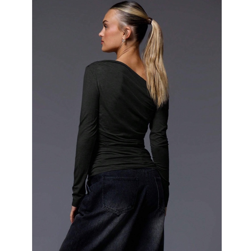 Black Ruched Asymmetric One Shoulder Long Sleeve Shirt Slim Fit Stretchy - Picture 3 of 8